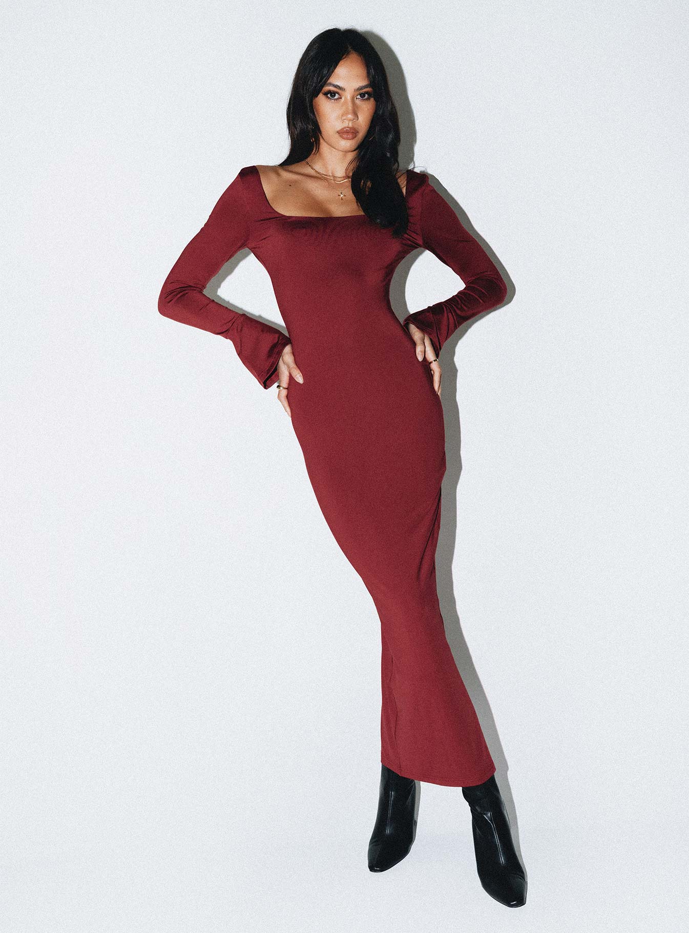 long sleeve burgundy dress